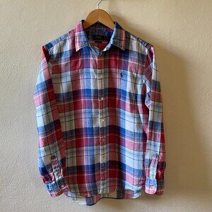 POLO RALPH LAUREN RELAXED FIT RED, WHITE, & BLUE PLAID BUTTON UP SHIRT, size med